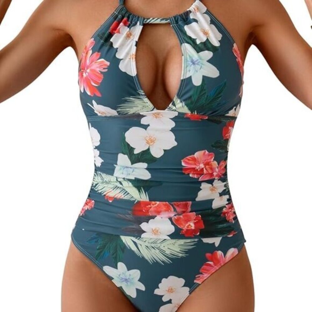 Slimming Swimsuit Tummy Control Halter Teal Floral Size Small NWOT #2239
